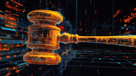 Futuristic gavel symbolizing online justice and digital law enforcementの素材