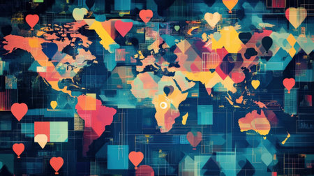 A fragmented world map illustrated with sharp angles and bright colors creating a sense of dynamism. Overlaying this backdrop an array of stylized dialogue iconslike chat bubbles anの素材