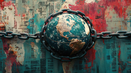 Globe imprisoned by metal chains symbolizing global political issuesの素材