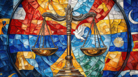 The scales of justice are framed by a circle of intertwined flags each showcasing distinct patterns and colors that represent various ideologies. The scales are finely detailed witの素材