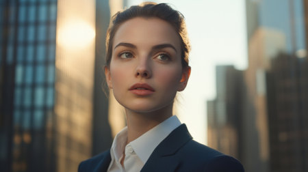 Businesswoman gazing upwards, contemplating future in urban settingの素材