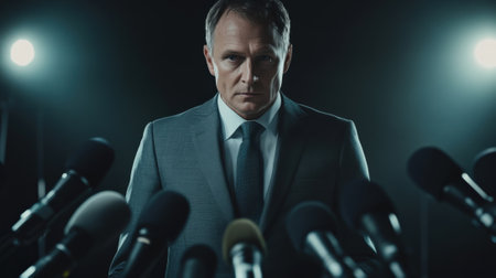 Politician giving a press conference in front of microphonesの素材