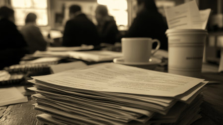 Stack of papers awaiting review during political meetingの素材