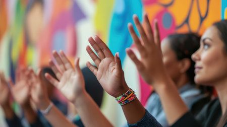 A closeup of hands from attendees of various heritages gesturing animatedly while seated in ergonomic chairs that provide support for long discussions. The background features a walの素材