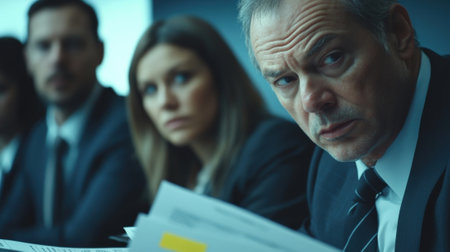 Surrounded by advisors in a modern conference room the politician reviews a stack of important files. The closeup showcases their furrowed brow and focused gaze as they deliberate witの素材