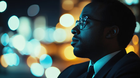 A focused closeup reveals the politicians thoughtful expression as they lean back slightly contemplating the words of a listener. The gentle bokeh of city lights glimmers behind enhancinの素材