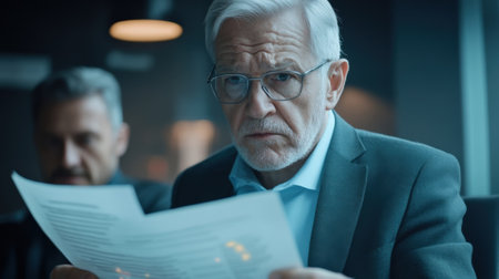 Senior politician reading important documents in office meeting with concerned expressionの素材