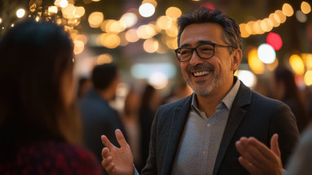 A politician smiles warmly hands gesturing as they make a point with the warm lights of the city creating a dreamy backdrop. The image captures the sincerity of the exchange drawinの素材