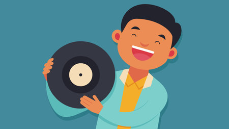 A customers face lights up with joy as they hold their newly repaired vinyl record grateful to have it restored to its former glory. Vector illustration.の素材