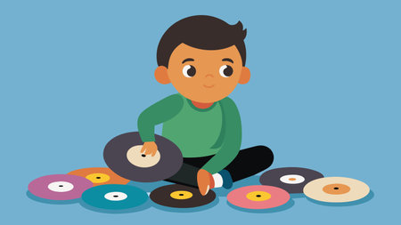 A child sitting crosslegged on the floor sorting through a colorful collection of vinyls with a look of pure joy on their face. Vector illustration.の素材