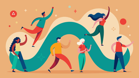 A the leads a group exercise where participants use their bodies to mimic the movements of a wave symbolizing their journey towards therapyinduced.の素材