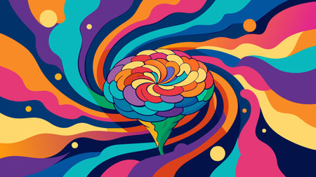 An abstract representation of a brain is transformed into a swirling pool of psychedelic colors symbolizing the altered state of consciousness induced.の素材