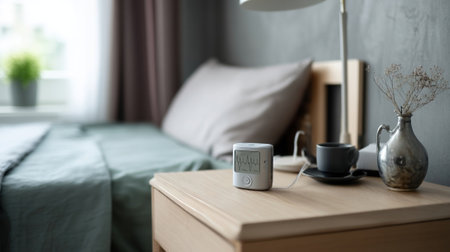 An advanced medical wearable device equipped with multiple sensors illustrating its function of monitoring vital signs positioned on a bedside table in a cozy roomの素材