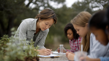 A science teacher leading outdoor experiments with students eagerly collecting samples and taking notes in nature emphasizing experiential learningの素材