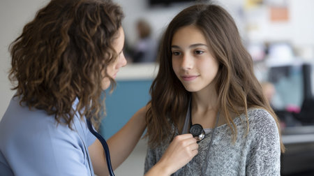 Female doctor examining teenage girls chest with stethoscopeの素材