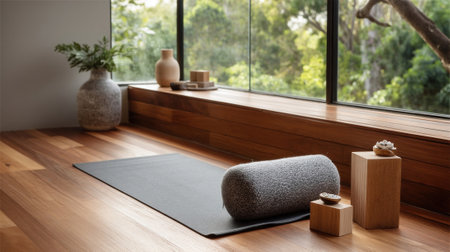 A tranquil yoga space with a yoga mat on a hardwood floor complete with blocks a bolster and an inviting window showing a glimpse of nature outsideの素材