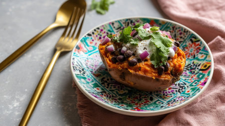 A baked sweet potato stuffed with black beans diced red onion and cilantro topped with a dollop of Greek yogurt and served on a colorful ceramic plateの素材