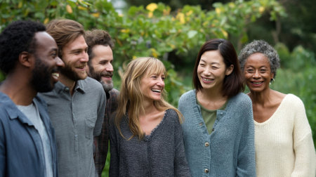 A group of diverse individuals laughing together in a park highlighting the significance of social connections and community support for mental healthの素材