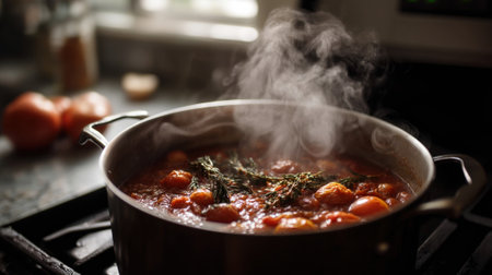 A bubbling pot of homemade tomato sauce simmering on the stove with fragrant steam wafting upward illuminating the warm kitchen ambianceの素材