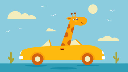 Sunny Day Out A joyful giraffe is enjoying a sunny day driving a small orange convertible. Its neck stretches high above the car and it has a playful expression. The illustration.の素材