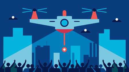 Event Security A drone above a large public event monitoring crowds and entrances with digital overlays indicating safe zones..の素材