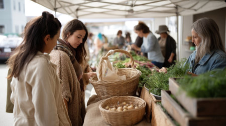 A marketplace filled with local farmers offering fresh produce flowers and homemade goods with shoppers engaging in lively conversations abouの素材