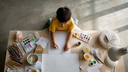 A boy sketching ideas on a large sheet of paper spread out on the floor with various art supplies and a nearby lamp illuminating his creative processの素材