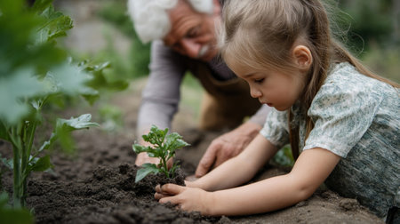 A child and grandparent planting flowers in a garden symbolizing intergenerational connections and the nurturing of life skills through gardeningの素材