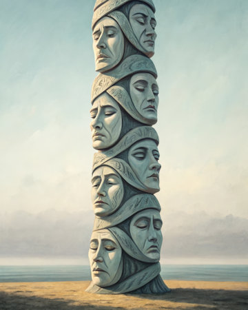A towering sculpture featuring a series of intertwined faces each expressing a different emotion representing the multifaceted nature of the self and the various innerの素材