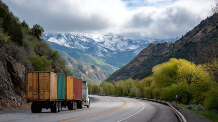 A cargo truck driving along a winding highway loaded with colorful shipping containers with mountains and greenery in the distanceの素材