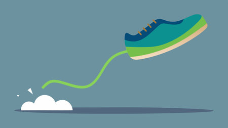 Gum Stretch An overhead perspective showing the shoe in midlift with elastic gum trailing behind it creating a wavy line between the shoe and the sidewalk. The shoe is rendered.の素材