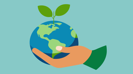 Hand with Plant An illustration of a hand cradling a small plant symbolizing nurturing the planet as part of ecofriendly shopping choices..の素材