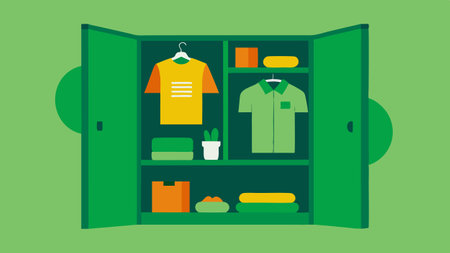 Green Wardrobe An open wardrobe filled with a selection of colorful sustainable clothing items with ecofriendly labels popping out..の素材