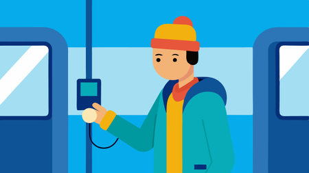 Monitoring on the Go An individual commuting on public transport casually checking their pressure monitor with a surprised expression..の素材