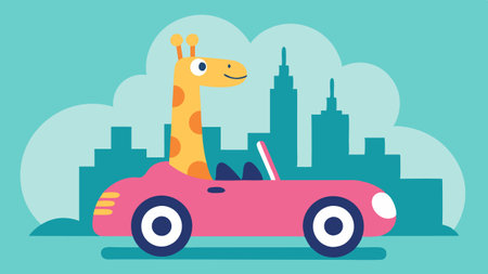 Fun Ride A playful giraffe with a big grin is at the wheel of a tiny pink convertible. Its neck reaches up and a scarf loosely flaps in the breeze. In the background there are.の素材
