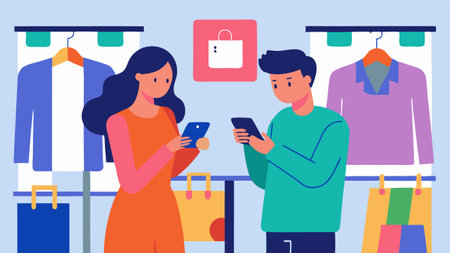 InStore Deals A young couple examining a clothing item on a shelf while checking the corresponding online prices on their smartphones with bright signage displaying sales..の素材