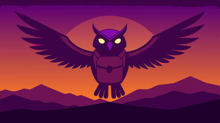 Owl at Dusk An illustration of a silhouette of an owl flying against a vibrant sunset sky where warm oranges and purples blend together. The owls backpack is a bright pop of color.の素材