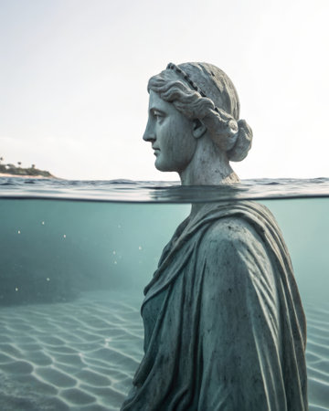 A submerged statue in clear water with only part of it visible symbolizing the hidden depths of the psyche and the journey to bring the unconscious to light.の素材