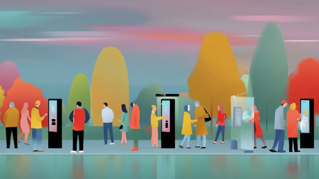 An outdoor scene depicting a diverse group of people engaging with multiple kiosk stations showcasing the versatility of gesturecontrolled interfaces in providing information and serviceの素材