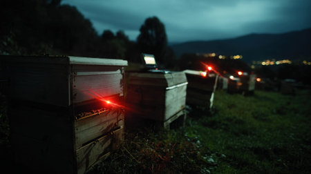 A nighttime scene of a beehive illuminated by LED lights highlighting a smart scales data transmission wirelessly to a nearby monitor indicating realtime metrics on bee health and honeの素材