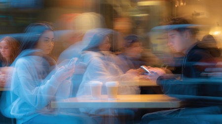 In a bustling cafÃÂ© patrons fixate on tablets eagerly sharing enhanced clips of their favorite series. Laughter and discussions interweave among steaming mugs as dynamic visuals showcasの素材