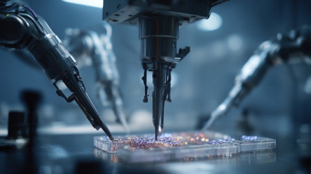 In a sterile laboratory mechanical arms assemble silicone chips embedded with shimmering fibers. Technicians adjust settings calibrating the delicate instruments that regulate flowの素材