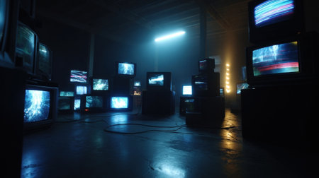 An algorithm whirs in the background processing data with lightning speed. Shapes coalesce and dissipate creating an evershifting montage of visuals. The room is illuminated by thの素材