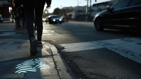 A closeup view of a pedestrian stepping onto an LEDprojected crosswalk with flashing alerts indicating nearby vehicles and encouraging caution for safe crossingの素材