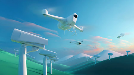 A drone flying over a landscape equipped with surveillance cameras illustrating modern aerial monitoring and intelligence gathering capabilities for defense operationsの素材