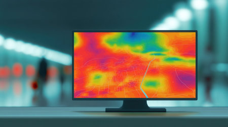 Closeup of a computer monitor showing a heatmap overlay on an airport terminal pinpointing areas of heightened movement and flagged anomalous behaviorsの素材