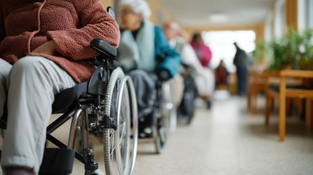 A panoramic shot of multiple smart wheelchairs forming a line skillfully following a caregiver through a busy community center showcasing their ability to operate in crowded environmentsの素材