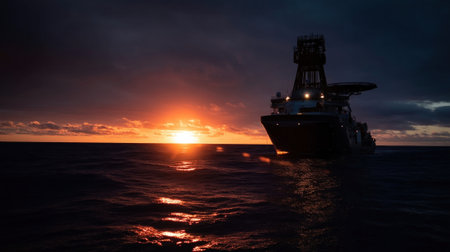 The drilling vessel at sunset silhouetted against a vibrant sky with the core retrieval process creating turbulence in the calm ocean emphasizing the vessels role in climate researchの素材