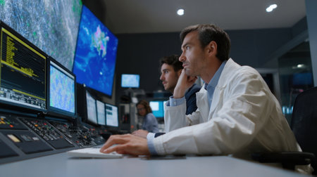 Closeup of a control panel featuring an advanced AGI interface graphically depicting realtime airflow patterns and temperature data as engineers monitor the efficiency of the inversioの素材
