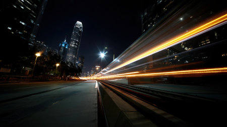 A nighttime scene capturing the illuminated vacuumtube infrastructure with the pod whizzing by creating streaks of light as it travels at incredible speeds in a futuristic cityscapeの素材